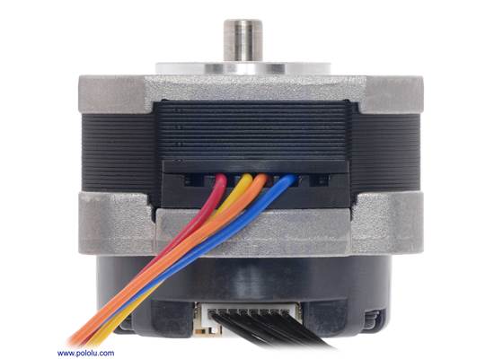 Side view of the 42x31.5mm Sanyo pancake stepper motor with included encoder cable plugged in.