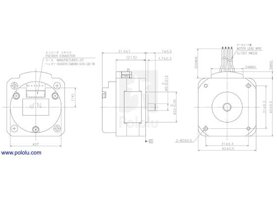Dimensions (in mm) of the SS2422-50XE100 42x31.5mm Sanyo pancake stepper motor with encoder.