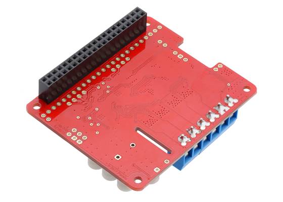 Pololu Dual G2 High-Power Motor Driver 18v18 or 24v14 for Raspberry Pi, bottom view (assembled).