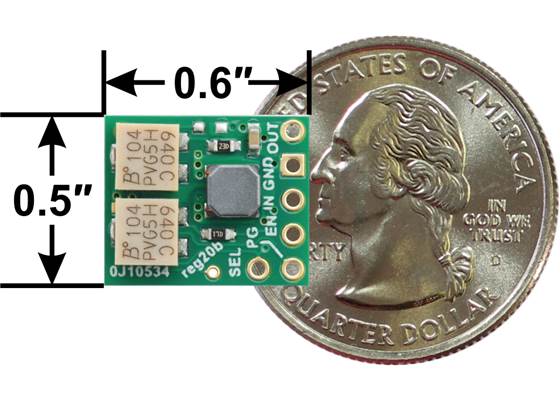 2.5-9V Fine-Adjust Step-Up/Step-Down Voltage Regulator w/ Adjustable Low-Voltage Cutoff S9V11MACMA next to US quarter dollar for size reference.