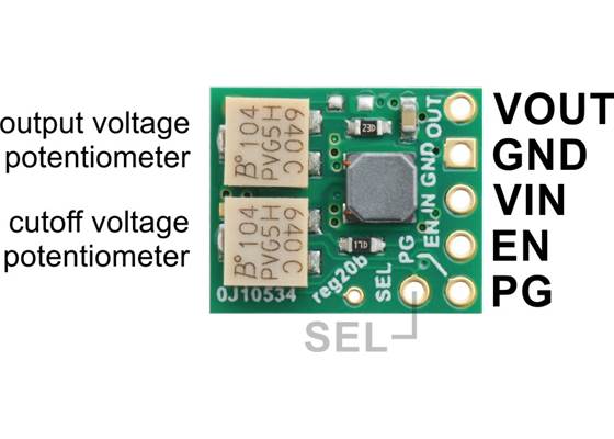 2.5-9V Fine-Adjust Step-Up/Step-Down Voltage Regulator w/ Adjustable Low-Voltage Cutoff S9V11MACMA labeled pinout.