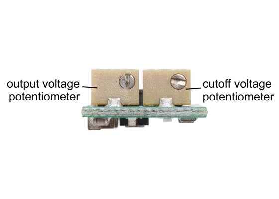 The output and cutoff multi-turn adjustment potentiometers on the S9V11x voltage regulators.