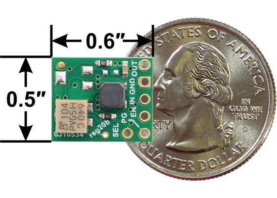 5V Step-Up/Step-Down Voltage Regulator w/ Adjustable Low-Voltage Cutoff S9V11F5S6CMA next to US quarter dollar for size reference.