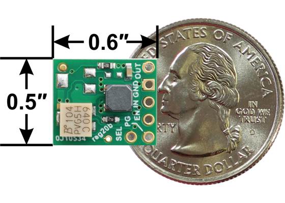 3.3V Step-Up/Step-Down Voltage Regulator w/ Adjustable Low-Voltage Cutoff S9V11F3S5CMA next to US quarter dollar for size reference.