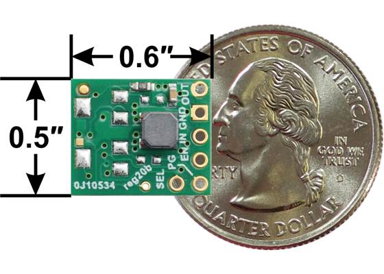 3.3V Step-Up/Step-Down Voltage Regulator S9V11F3S5 next to US quarter dollar for size reference.
