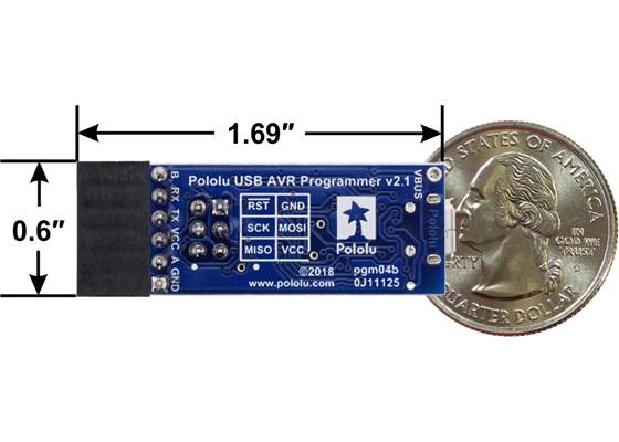 Pololu USB AVR Programmer v2.1, bottom view with dimensions.