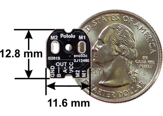Magnetic Encoder with Top-Entry Connector for Micro Metal Gearmotors, 12 CPR, 2.7-18V, motor-side view of PCB with dimensions.