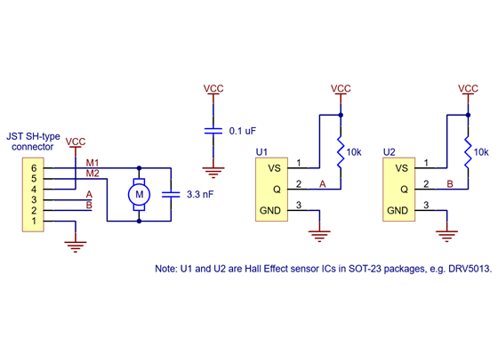 Schematic diagram of the Magnetic Encoder Pair Kit with JST SH-Type Connector (Top-Entry or Side-Entry) for Micro Metal Gearmotors.