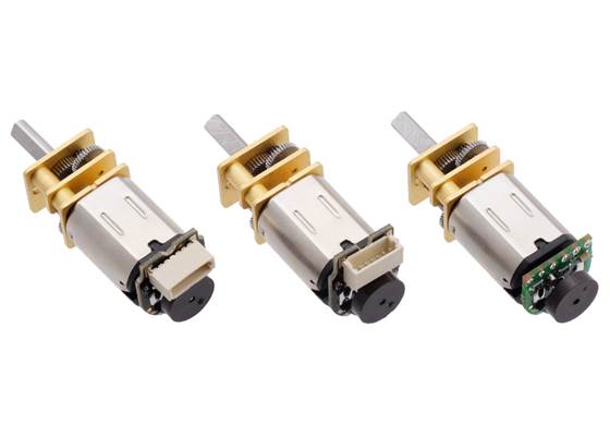 Magnetic Encoder with Top-Entry Connector (left), Side-Entry Connector (center), and 2mm-pitch through-holes (right) assembled on Micro Metal Gearmotors with Extended Shafts.