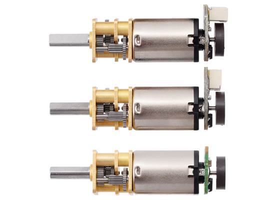 Magnetic Encoder kit with Top-Entry Connector (top), Side-Entry Connector (center), and 2mm-pitch through-holes (bottom) assembled on Micro Metal Gearmotors with Extended Shafts.