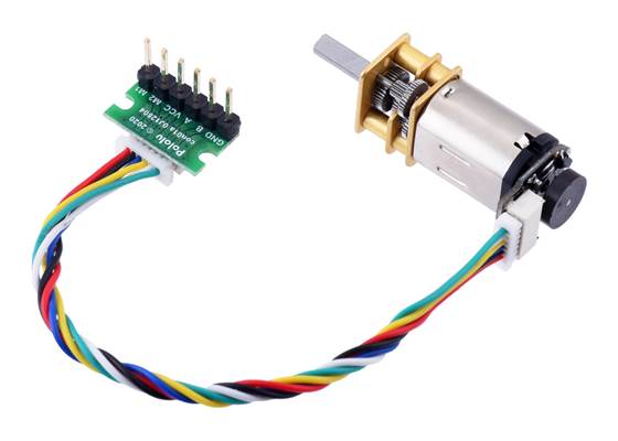 Side-entry JST SH-style connector breakout board, female-female cable, and encoder with connector mounted on a Micro Metal Gearmotor.