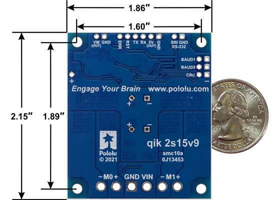 Qik 2s15v9 dual serial motor controller, bottom view with dimensions.