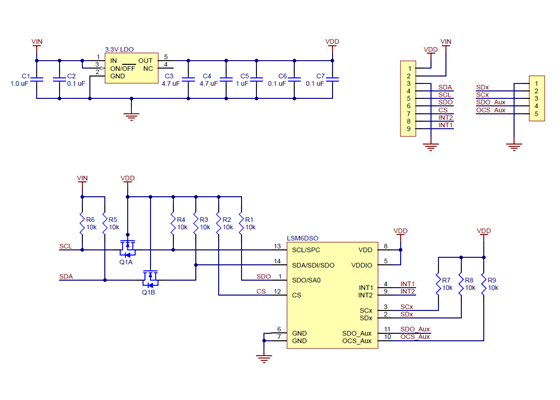 Schematic diagram of the LSM6DSO 3D Accelerometer and Gyro Carrier with Voltage Regulator.