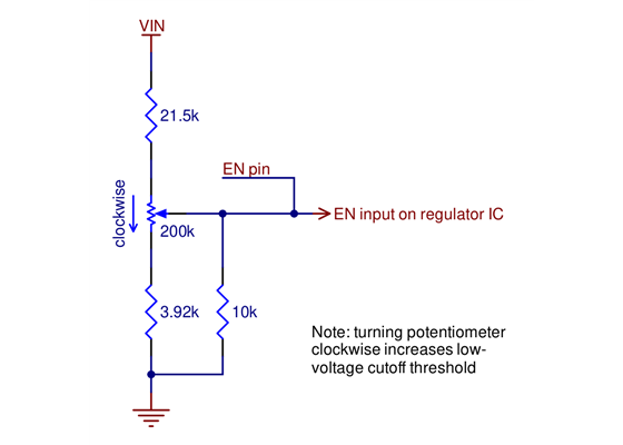 Schematic diagram of the enable (EN) circuit on the 4.2-15V Fine-Adjust Step-Down Voltage Regulator w/ Adjustable Low-Voltage Cutoff D30V3xMASCMA.