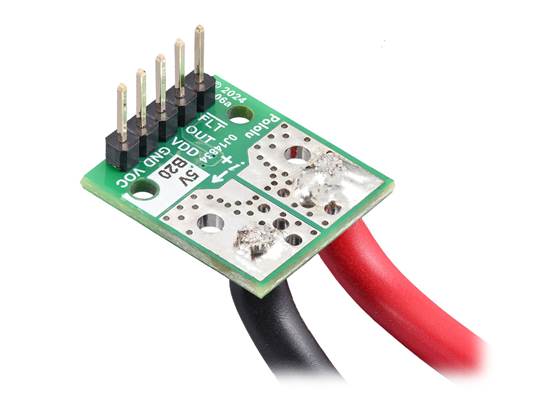 ACS37220 Current Sensor Compact Carrier with wires soldered directly to the board and header pins soldered for use with a breadboard. (1)