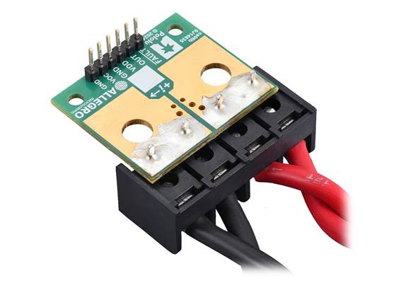 ACS37220 Current Sensor Large Carrier with wires connected via terminal blocks and header pins soldered for use with a breadboard. (1)