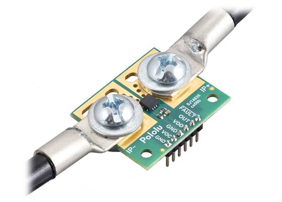 ACS37220 Current Sensor Large Carrier with wires connected via solderless ring terminals and header pins soldered for use with a breadboard.
