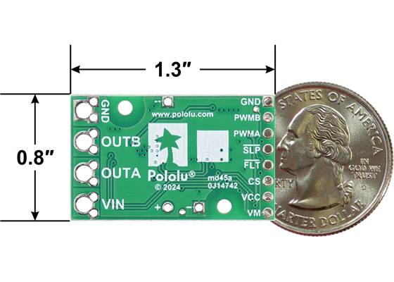 Pololu H2 High-Power Motor Driver 36v11 CS, bottom view with US quarter for size reference.