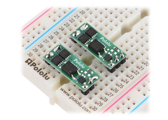 Pololu Isolated Solid State Relay/Switch (SPST) boards soldered with male headers (not included), showing two-pin (left, EN and VIN tied together) and three-pin (right) control options. (60V version shown.)
