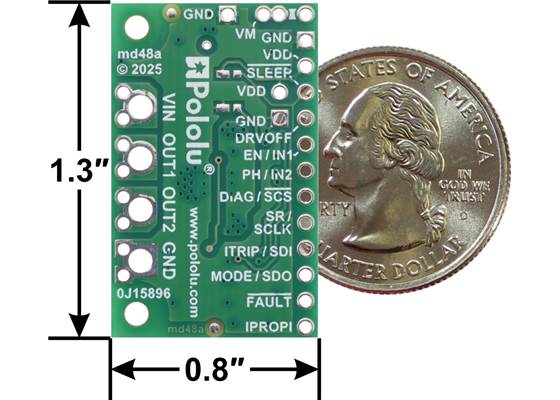 DRV8263H Single Brushed DC Motor Driver Carrier, bottom view with basic dimensions and a US quarter for size reference.