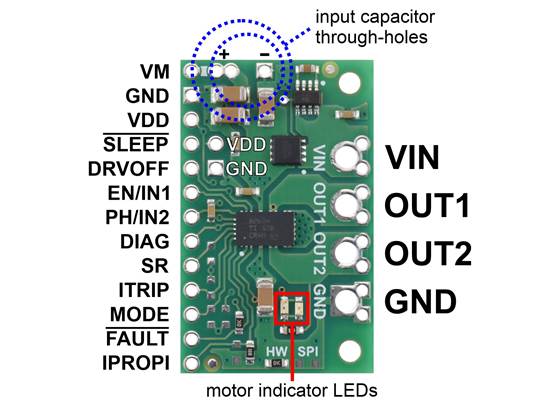 Pinout diagram of the DRV8263H Single Brushed DC Motor Driver Carrier.
