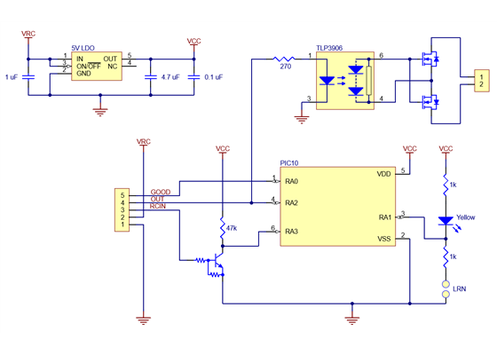 Schematic diagram of the Pololu RC Switch with Isolated Solid State Relay/Switch, SPST.