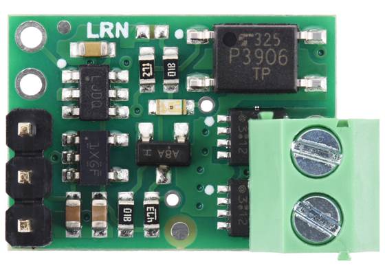 Pololu RC Switch with Isolated Solid State Relay/Switch, SPST, 30V, 10A (Soldered Connectors), top view.