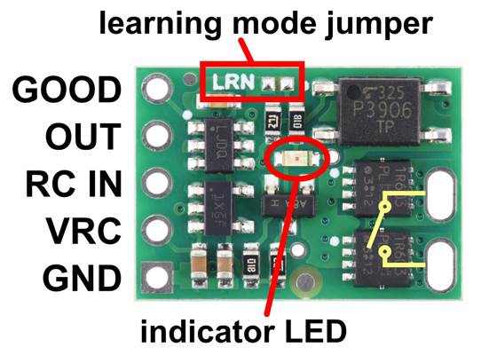 Pinout of the Pololu RC Switch with Isolated Solid State Relay/Switch, SPST.