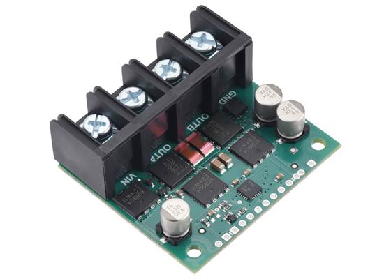 Pololu G2 High-Power Motor Driver 24v30 CS with an Eaton CB30220407 terminal block (not included) for the motor and power connections.